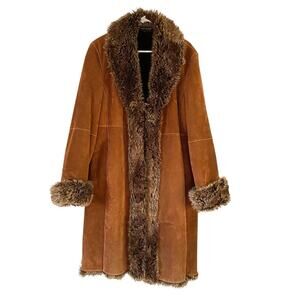 Wilsons Leather Pelle Studio Penny Lane Long Brown Suede Faux Fur Coat size XL